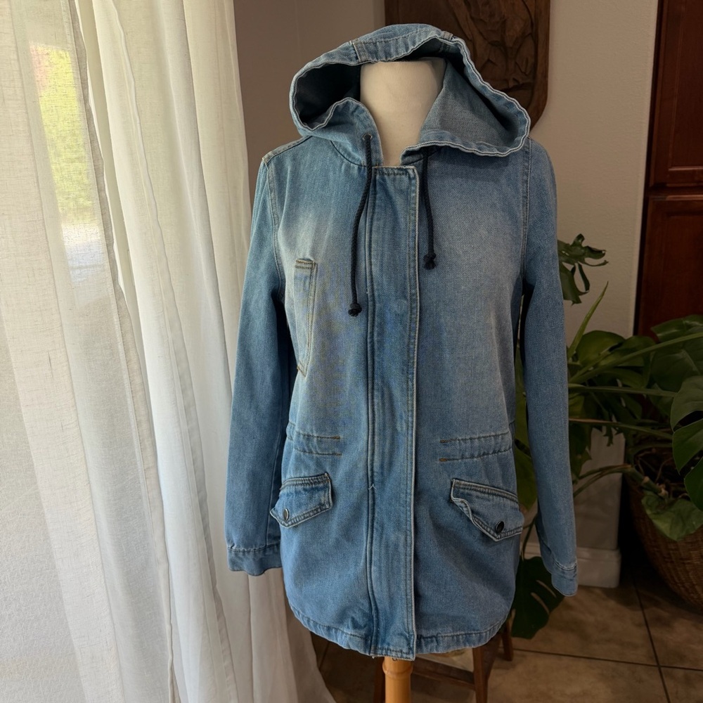 Denim Hooded Jacket Womens Small Blue Utility Jean Coat Parka